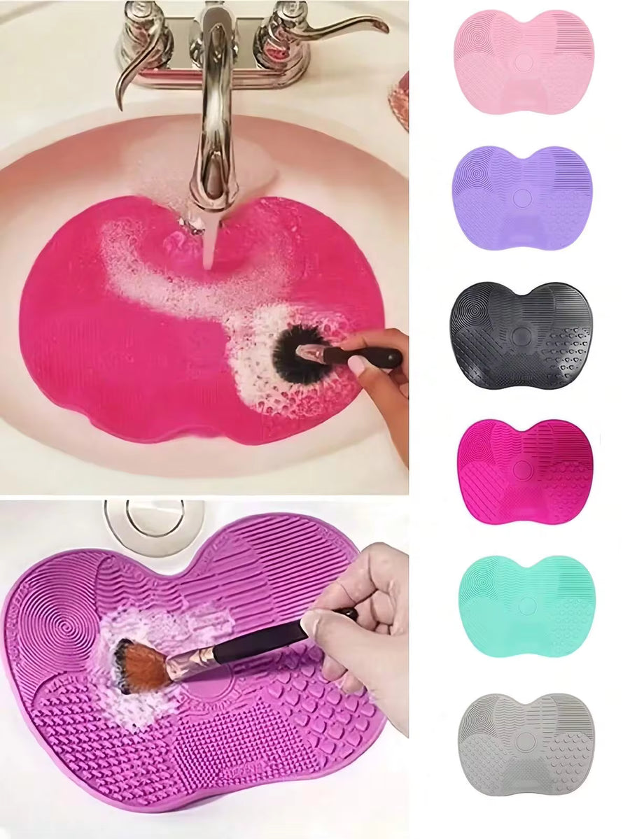 OBOVAY 1/2pcs Silicone Makeup Brush Cleaning Mat, Makeup Brush Cleaning Pad With Suction Cup Makeup Cleaning Pad Portable Makeup Brush Cleaning Tool, Apple Shaped Silicone Makeup Brush Cleaning Pad For Makeup Brush, Makeup Sponge, Powder Puff
