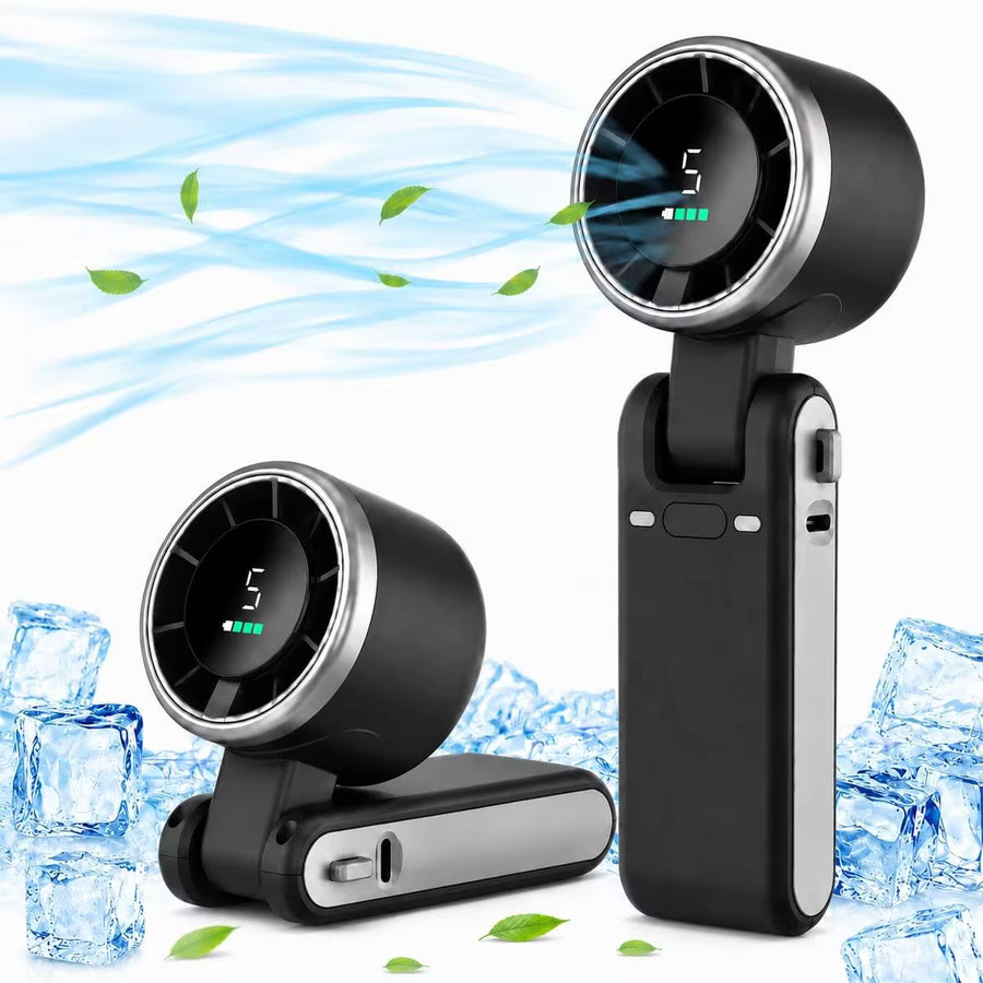 Portable Handheld Turbo Fan, 5000mAh Rechargeable Battery, Up To 12H Runtime, 5 Gear Wind, LED Display, 180° Foldable, 3-In-1 Fan, Rechargeable Stylish Fan With Air-Turbo-Tech Cooling For Outdoor Activities, Travel, Work&Beach Trip Essentials(Black)